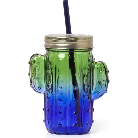 Legami - Bicchiere in Vetro con Tappo e Cannuccia, Cheers, 11x14,5 cm, 350 ml, in Vetro, Plastica, Acciaio Inox, Tema Cactus, Boccale col Manico a Forma di Pianta Grassa, Tappo a Vite (JAR0002) (1/2)
