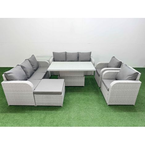 Fimous PE Rattan High Back Lounge Sofa Set Patio Adjustable Lifting Dining or Coffee Table & Chairs Set with 3 Seater Sofa Reclining Chair Big Footstool Side Table Light Grey (1/5)