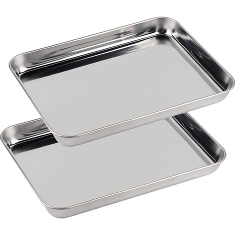 Set mit 2 kleinen rechteckigen Auflaufformen (23 x 17 x 2,5 cm), Edelstahl, spülmaschinenfest. Geeignet zum Garen im Backofen, Ofen, Pfanne oder Grill.