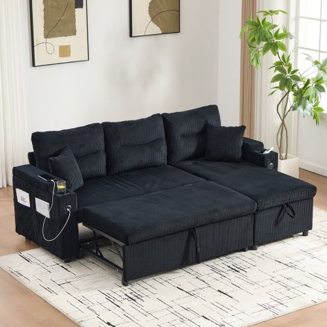 Canapé 3 places ,en velours côtelé avec coffre de rangement, porte-gobelets et port USB-C, incluant une méridienne à mécanisme hydraulique et un lit gigogne,Noire (1/5)