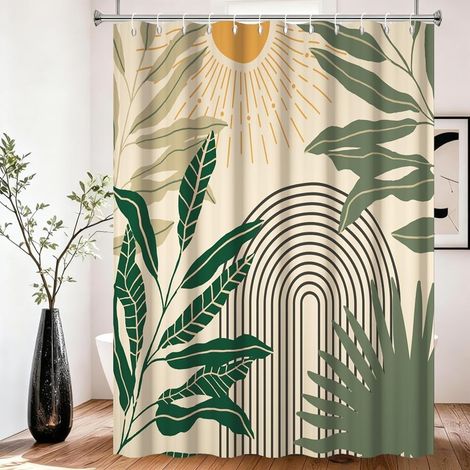 Milieu du siècle Rideau de Douche Beige bohème Abstrait Couleur Neutre Feuilles Vertes Arcs Lignes Soleil Rideaux de Salle de Bain Esthétique Minimaliste Géométrique Décoration 240x180cm (1/5)