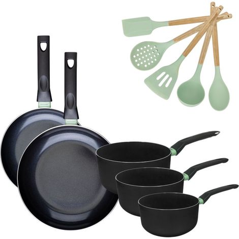 Lot de 2 Poêles 24/28 cm et 3 Casseroles 16/18/20 cm Fackelmann Brandao avec 5 ustensiles Océan (1/5)