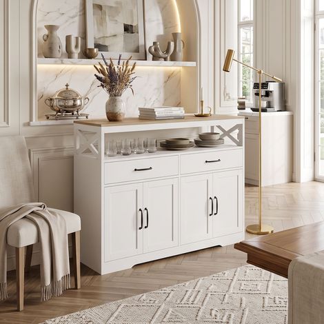 Creahappy Buffet Cuisine 40x140x105 cm - Grand Rangement & Espace Café - Style Maison de Campagne en MDF - 2 Tiroirs 4 Portes Blanc (1/5)