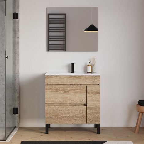 Meuble de salle de bain 80cm simple vasque sur pieds avec porte et tiroirs - cambrian (chêne clair) - LAZARO (1/5)