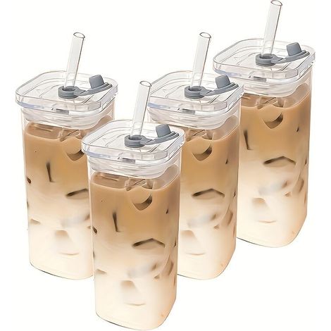 Tasse Carrée En Verre - 385 Ml - Avec Couvercle Et Paille - Pour Café Thé Smoothie - Lot De 4 (1/5)