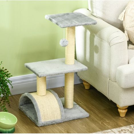 Albero tiragraffi 70 cm con pali in sisal, piattaforma e palla, grigio chiaro DESVIAE (1/5)