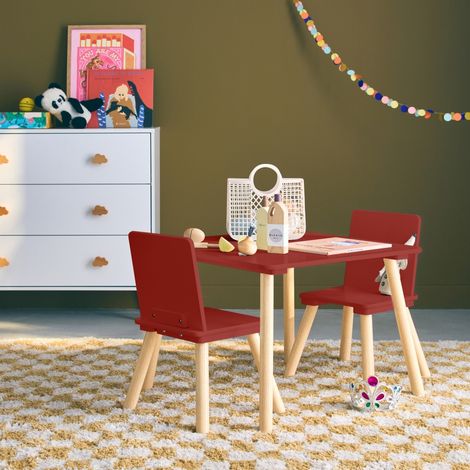 Table carrée enfant bois de pin 2 assises terracotta - Judith