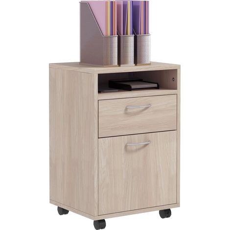 Caisson de bureau à roulettes avec tiroir placard et niche pour documents et dossier suspendu 40 x 35 x 60 cm chêne (1/5)
