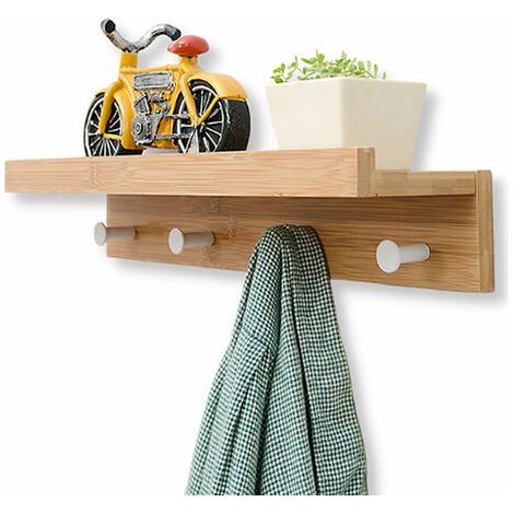 royaluxe- Porte-manteau mural en bois massif – 4 crochets – Étagère flottante pour clés et objets décoratifs – Installation avec vis invisible – Norcks (1/5)