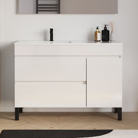 Meuble de salle de bain 120cm sur pieds avec vasque déportée à gauche - sans miroir - porte et tiroirs - blanc brillant - LAZARO (1/5)
