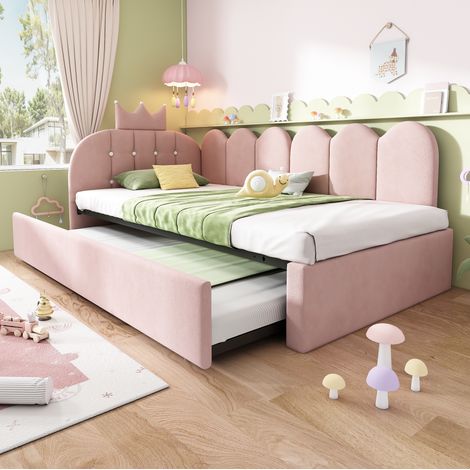 Lit gigogne 90x200 cm avec tête de lit couronne, motif barreau, velours rose, sans matelas (1/5)