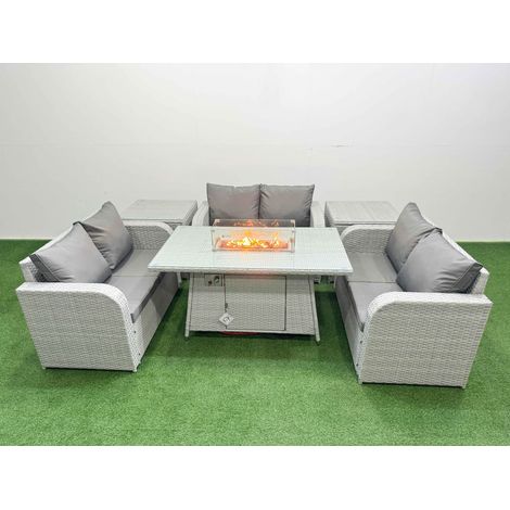 Fimous 6 Seater PE Wicker Rattan Furniture Sofa Sets with Firepit Dining Table 2 Seater Love Sofa 2 Side Table Light Grey (1/4)