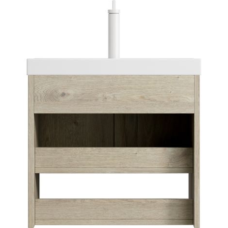 Meuble lavabo mural 55 cm avec vasque céramique blanche et caisson chêne crème à double porte et étagère ouverte (1/5)