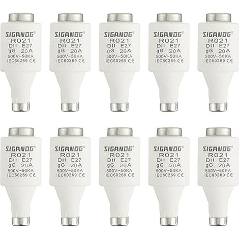20A DII E27 R021 Fusibles céramiques spiralés gG Diazed 500VAC pour protection de câbles et lignes (Lot de 10)