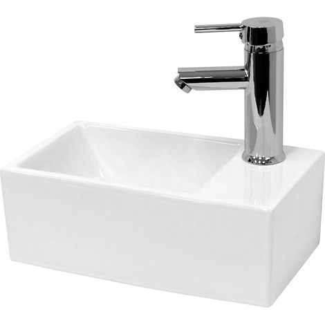 ECD Germany Waschbecken Waschtisch Keramik Weiß 350x205x125 mm Eckig, inkl. Ablaufgarnitur, Hahnloch rechts, Aufsatzbecken Aufsatzwaschbecken Handwaschbecken Aufsatzwaschtisch Waschschale Waschplatz