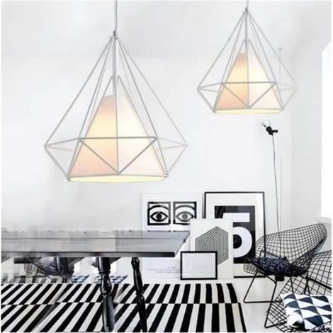 Lot de 2 Lustre Suspension en Cage Diamant E27 Lampe Luminaire Industrielle 25CM Blanc (1/4)