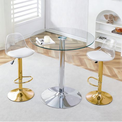 Runder Glastisch mit 2 höhenverstellbaren Barhockern 89 cm OKMYHOME (1/5)