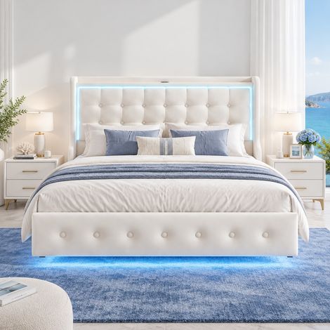 Lit Flottant 160x200 avec Sommier, Lit 2 places avec LED et Ports USB, Tête de Lit Capitonnée en Velours Beige, Cadre de Lit Adulte Moderne, sans Matelas