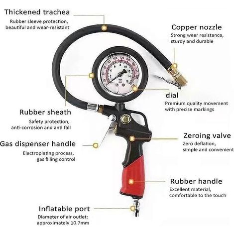Reifenfüller mit Manometer, ölgekühltes Reifendruckmessgerät mit Schlauch, 0–16 bar / 0–230 psi, Kupfer