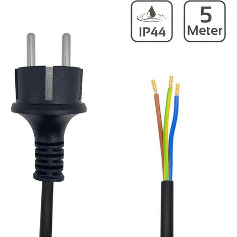 Netzkabel IP44 schwarz, 3-adrig mit Schutzkontaktstecker, 500 cm, offene Kabelenden 3-adrig (1/2)