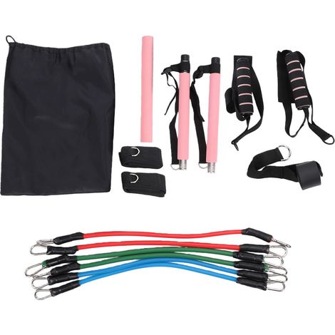 Kit Pilates Barre Acier Inoxydable 3 Sections - 6 Bandes Latex 20/30/40lbs, Poignées 2-en-1 Rembourrées, Ancre Porte, Sangles Chevilles - Pour Fitness, Pilates, Étirements Maison Salle - TPE - Rose (1/5)