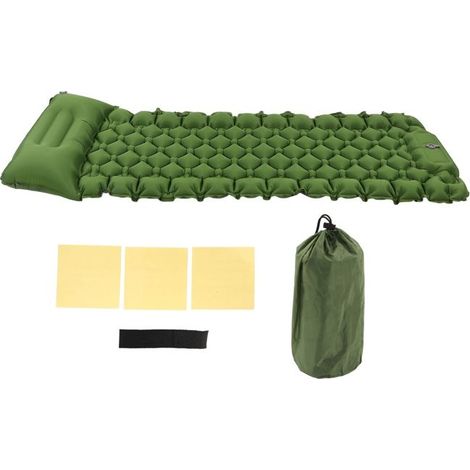 Matelas de camping gonflable léger et portable avec pompe intégrée et coussin plantaire intégré, vert olive, idéal pour le camping. (1/5)
