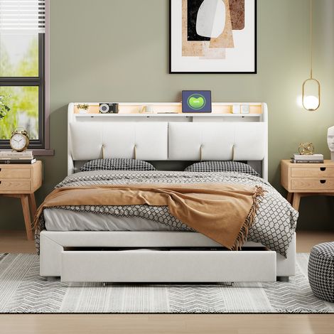 Lit avec Rangement 140 x 200 cm, Lit Double avec Cadre, éclairage LED et Ports de Recharge USB, Lit Coffre avec Tiroirs et Espace de Rangement, Tissu velours, Matelas non Inclus, Blanc (1/5)