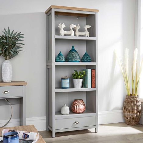 Tall Bookcase Display Unit 4 Bookshelves Storage Drawer Metal Handles 36mm Top