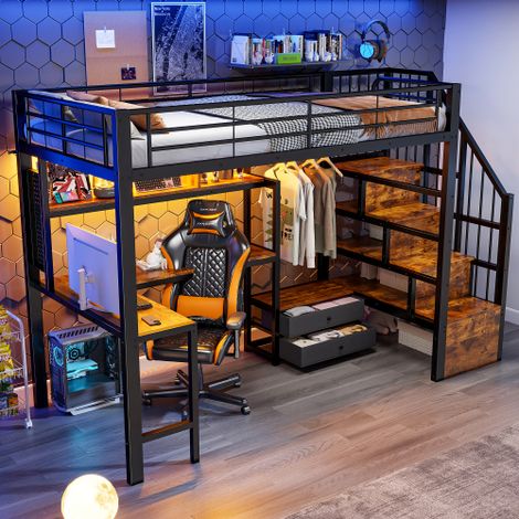 Lit superposé 90x200 cm avec 2 tiroirs, LED, bureau et escalier de rangement, sommier à lattes inclus, métal noir