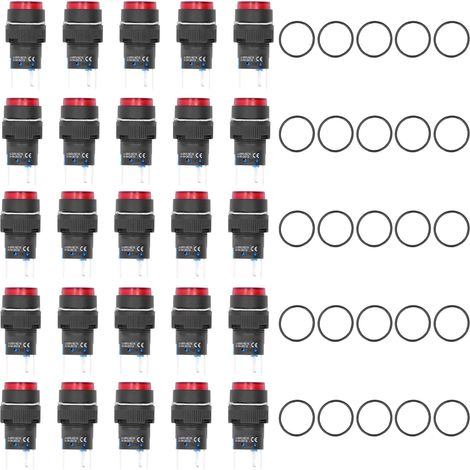 25 Interrupteurs à Bouton Poussoir Auto-Blocants 16mm Lumineux 220V Rouge - 5 Broches (1/5)