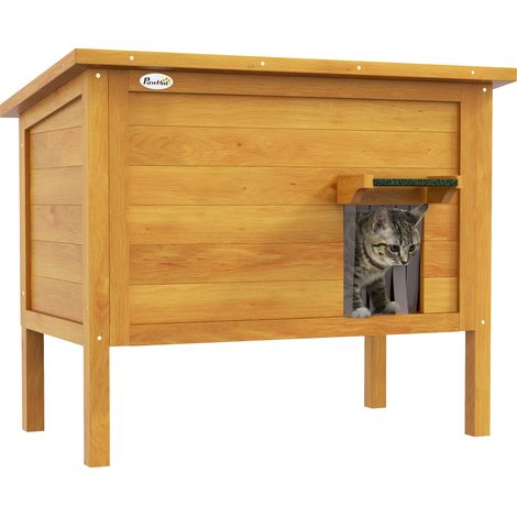 Katzenhaus aus Holz für den Außenbereich mit erhöhter Plattform und isoliertem, zu öffnendem Dach, 85 x 50 x 68,5 cm, naturgrün