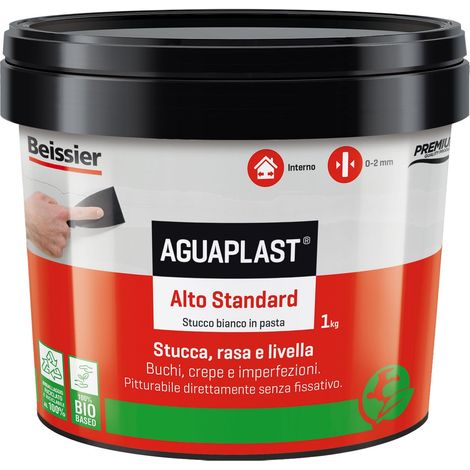 Aguaplast Alto Standard stucco bianco pronto all'uso per muro. Qualità superiore, per interni, pareti e soffitti. Liscio bianco 1kg (1/4)