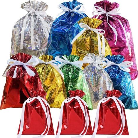 Sacs cadeaux réutilisables - Lot de 12 sacs - Effet métallisé brillant - 6 couleurs disponibles - 5 tailles variées (1/5)