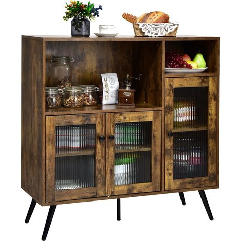 Kitchen Storage Cabinet Wooden Buffet Sideboard Cupboard Tempered Glass Doors (1/5)