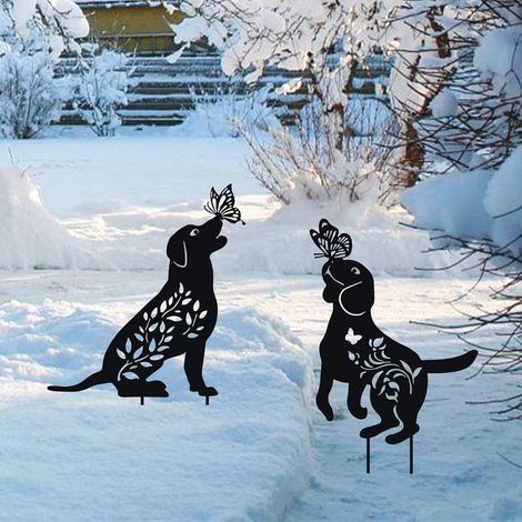 Décoration extérieure en métal représentant un chien - Lot de 2 piquets décoratifs pour jardin, ornements de pelouse, décoration de jardin et terrasse (1/5)