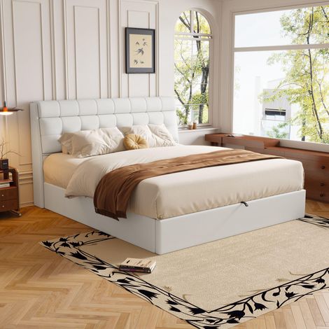 Lit rembourré de style, 140x190, lit hydraulique, Rangement caché au chevet, rangement pour le coffre de lit, PU, avec sommier à lattes et avec tête de lit, sans matelas, Blanc