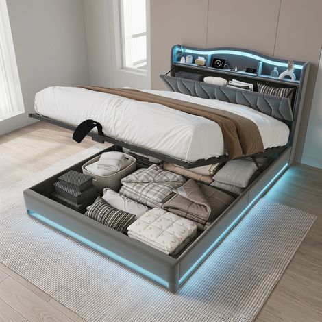 Letto contenitore 140x200 cm in velluto, letto matrimoniale imbottito con contenitore, LED, USB, rete a doghe in legno, struttura in metallo - Grigio