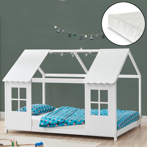 Halboffenes Kinderbett Tostedt mit Matratze 90x200 cm Weiß [en.casa]