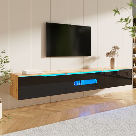 meuble tv rangement 180 cm led mural noir bois OKMYHOME (1/5)