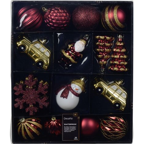 Decoris Weihnachtskugel Sortiment aus Kunststoff Ø 8 cm rot/gold/weiß 25-teilig