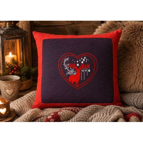 Coussin déhoussable en laine avec motif brodé CERF - 40 X 40 - 40x40cm - Aubergine (1/2)