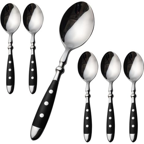 6-teiliges Set aus Edelstahl-Teelöffeln mit schwarzen Griffen, Espressolöffeln, kleinen Löffeln und Dessertlöffeln für Zuhause (1/5)