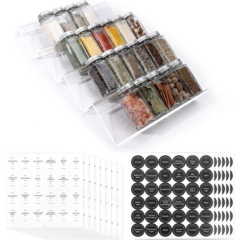 Organiseur de tiroir à épices avec 35 boîtes à épices, 328 étiquettes, étagère à tiroirs en acrylique transparent à 4 niveaux avec récipients à épices (1/5)