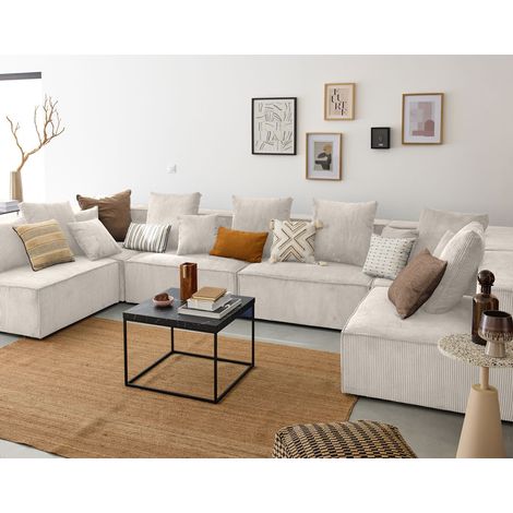 Lisa Design – Canapé modulable panoramique 7 places – Velours côtelé beige – Confort moelleux – Dimensions 408x204 cm – Montage rapide par attaches crocodiles