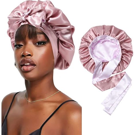 Satin-Nachthaube – 1-teilig – Wendbar mit Schleife – Schutz für lockiges Haar – Für Damen und Mädchen – Schwarz und Gold (1/5)