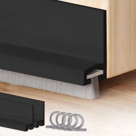 Balai de porte 100×3 cm 2 pièces, isolant coupe-vent anti-poussière anti-insectes, avec 4 bandes de poils remplaçables et adhésif, noir (1/5)