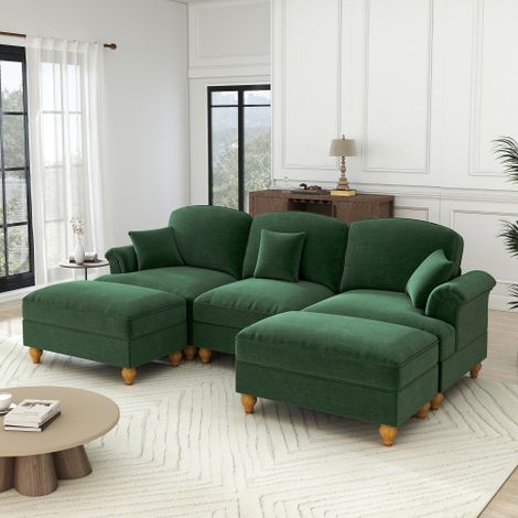 Klassisches modulares U-förmiges Sofa aus Chenille mit Trichter-Armlehnen, abnehmbarer Rüschenschürze, spindelförmigen Beinen & beweglichem Hocker – Weiches, tiefes Cloud-Sofa fürs Wohnzimmer,Grün
WL