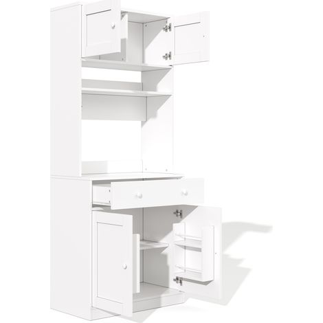 Credenza cucina alta 180 cm bianca in MDF con LED, prese e cassetto grande (1/5)