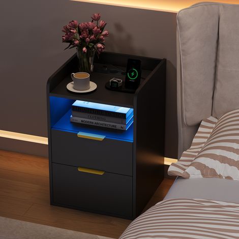 Table de Chevet Noir 40x40x60 cm avec Prises USB-C et LED RGB, Table de Nuit 2 Tiroirs et Rangement Caché, pour Chambre (1/5)