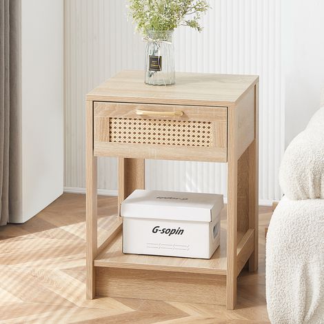 Comodino in rattan naturale 40x40x55 cm con cassetto, tavolino per camera da letto o soggiorno, MDF (1/5)